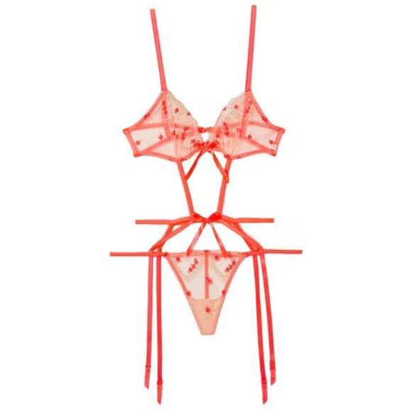 New! Victoria’s Secret Embroidered Heart Strappy Neon Bodysuit 4291 - Picture 1 of 8